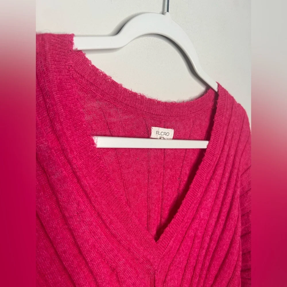 Anthropologie Pilcro Ribbed Light Wool Knit Sweater Pullover V-Neck Hot Pink S